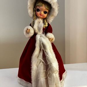 Christmas vintage Doll Bradley red velvet fur trim jacket music box EX but guc